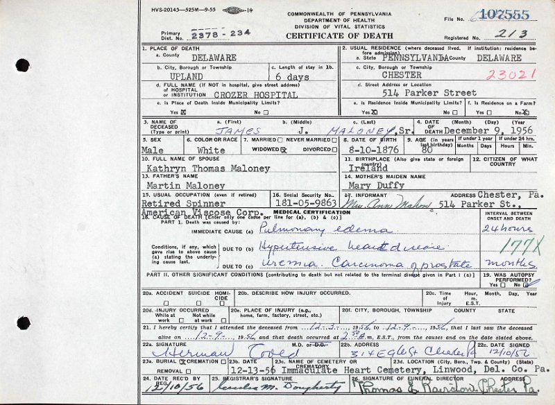 James Joseph Maloney, Sr. - Death Certificate.jpg - 1956 Death certificate for James J. Maloney Sr (1876-1956)